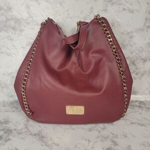 Bebe Womens Red Maroon Double Handles Gold Chain Strap‎ Faux Leather Hobo Bag